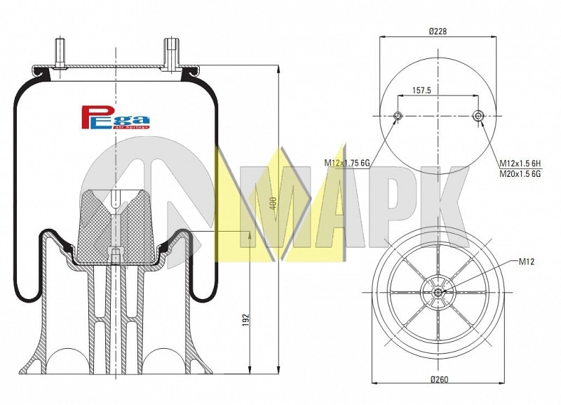 Пневморессора 4159CP09 с пластиковым стаканом (1шп.M12. 1шп-штуц. M12x20) Fruehauf/SMB (PEGA)