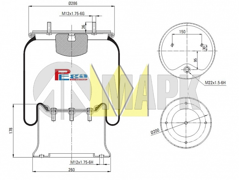Пневморессора Schmitz 017685 в сборе с металлическим стаканом (2шпильки М12x1.75) (PEGA)